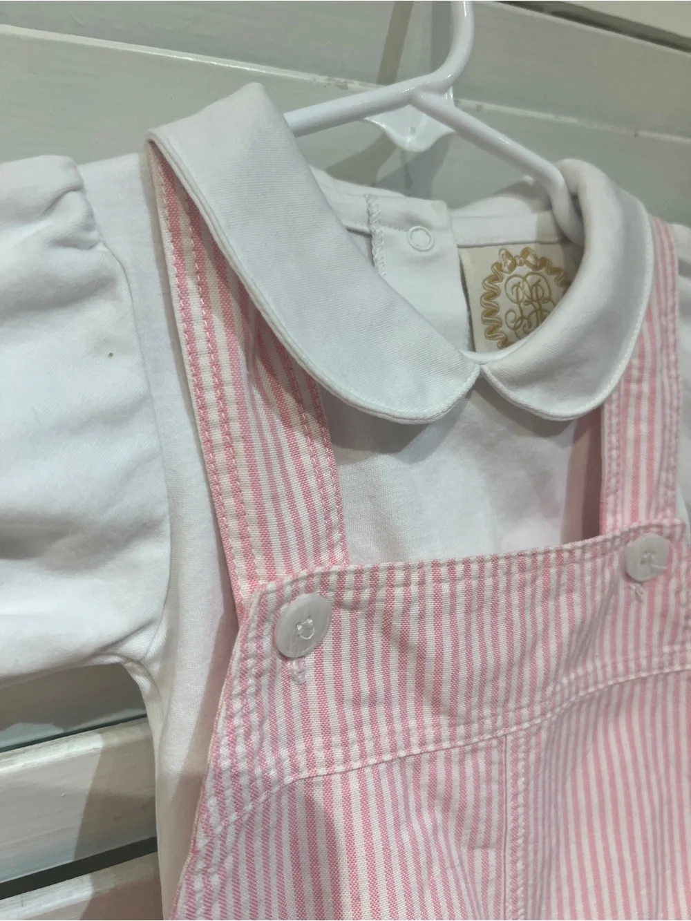 The Beaufort Bonnet Company Pink Striped Overalls with White Puff Sleeve Top
